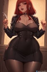 ai_generated big_breasts big_hips choker curvy curvy_figure female female female_only front_view goth goth_girl gothic milf red_eyes red_hair red_lipstick secret_room12 short_hair stable_diffusion standing