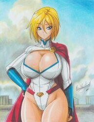 1girls big_breasts big_hips blonde_hair blue_eyes blue_gloves bodysuit breasts city_background cleavage collarbone curvaceous dc dc_comics enormous_breasts female female_focus gold_buckle hero_outfit hourglass_figure huge_breasts looking_at_viewer massive_breasts muscle_girl muscles navel power_girl ravern_clouk ravernclouk red_belt red_cape short_hair solo standing superman_(series) top_heavy_breasts voluptuous white_suit wings