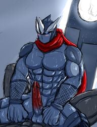 2013 abs anthro balls biceps black_body blue_body blue_eyes blush cowgirl_position erection fishnet furry lying male male_only mask moon muscles ninja nipples pecs penis precum ryuukikeito scarf sitting solo spreading