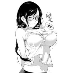 armpit_crease arms_behind_back babydoll bakemonogatari bare_shoulders blush bow braid breasts cleavage closed_eyes closed_mouth collarbone embarrassed female full-face_blush glasses greyscale hanekawa_tsubasa large_breasts long_hair monochrome monogatari_(series) navel nightgown oogure_ito parted_lips sidelocks skirt solo spaghetti_strap speech_bubble twin_braids upper_body white_babydoll