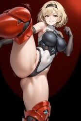 ai_generated ass ass_focus bare_shoulders blonde_hair boots breasts brown_eyes elbow_gloves female from_behind gloves goddess_of_victory:_nikke jiggle kicking large_breasts leotard looking_at_viewer looking_back motion_lines red_shoes_(nikke) short_hair sideboob smile solo thick_thighs thigh_boots thong thong_leotard