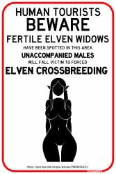 casualnsfw crossbreeding elf elf_ears elf_female elf_girl english english_text faceless_female fantasy interspecies large_breasts minimalist minimalist_background monochrome nipples penis pictogram public_domain straight warning_sign