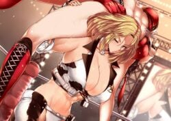 2girls abs animal_print blonde_hair boots breasts carrying carrying_over_shoulder catfight chaps cleavage cow_print dixie_clemets gloves hinomoto_reiko large_breasts long_hair multiple_girls muscular muscular_female nervous_sweating one_eye_closed panties rumble_roses ryona submission_hold sweat tobisawa toned underwear vest wrestling wrestling_outfit