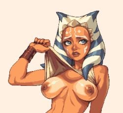 ahsoka_tano blue_eyes breasts breasts breasts clone_wars flashing flashing_breasts lifting_shirt sasha_miu star_wars