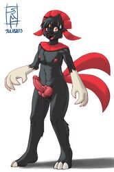 2013 anthro balls big_knot claws embarrassed erection eyewear glasses knot male male_only nintendo nipples nude packmind penis plain_background pokemon solo standing toe_claws video_games weavile white_background