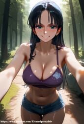 ai_generated blue_eyes blunt_bangs blush crop_top eternalpose forest incoming_hug looking_at_viewer navel nico_robin one_piece outdoors patreon patreon_username pov pre_timeskip shiny_skin shorts smile