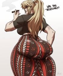 1girls 2d 2d_(artwork) ass_focus balalaika big_ass black_lagoon blonde_hair bottom_heavy bubble_ass bubble_butt cigar dat_ass female female_only forbidden_pants nr4ces pawg ponytail russian_girl scars scars_all_over smoking smoking_cigar solo soviet_union thick_ass