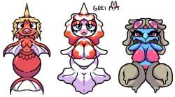 anthro big_breasts blonde_hair breasts digital_media_(artwork) eyeshadow female gdei generation_1_pokemon genitals goldeen grey_hair group hair hi_res magikarp makeup marine merfolk multicolored_body multicolored_hair narrowed_eyes nintendo nipples nude pokemon pokemon_(species) pussy red_nipples slightly_chubby small_breasts split_form tentacool trio