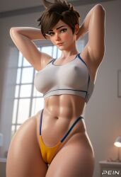 1girls 3d abs ai_generated armpits arms_behind_head arms_up bangs breasts brown_eyes brown_hair cameltoe closed_mouth covered_nipples cowboy_shot crop_top freckles highleg highleg_bikini highleg_panties indoors large_breasts lips looking_at_viewer navel nose overwatch overwatch_2 panties pein piercing see-through short_hair smile solo spiked_hair sports_bra stable_diffusion standing stomach thigh_gap thighs tracer underwear window