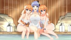 2d 2d_(artwork) 3girls ass big_ass big_breasts breasts castell date_a_live grey_eyes grey_hair izayoi_miku light-skinned_female long_hair looking_at_viewer medium_breasts onsen open_mouth orange_hair rock sisters sitting smile thermal_waters thick_thighs thighs towel towel_around_neck towel_only twins yamai_kaguya yamai_yuzuru