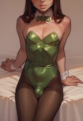 1boy ai_generated androgynous blush brown_hair bulge bunnysuit civitai claire_(truep81) crossdressing femboy green_bunnysuit hidden_eyes long_hair male male_focus male_only pantyhose sitting