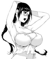 armpits arms_up babydoll bakemonogatari bare_shoulders blush braid breasts cleavage comic female glasses greyscale hanekawa_tsubasa large_breasts long_hair monochrome monogatari_(series) nightgown oogure_ito open_mouth parted_bangs single_braid solo spaghetti_strap upper_body white_babydoll white_background