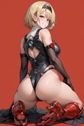 ai_generated ass ass_focus bare_shoulders blonde_hair boots breasts brown_eyes elbow_gloves female from_behind gloves goddess_of_victory:_nikke kneeling large_breasts leotard looking_at_viewer looking_back red_shoes_(nikke) short_hair sideboob smile solo thick_thighs thigh_boots thong thong_leotard