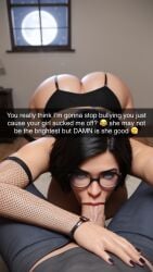 1boy 1boy1girl 1girls 3d 3d_(artwork) ai_generated big_ass big_breasts big_penis black_hair black_shirt blowjob busty cheating cheating_girlfriend cheating_wife choker cleavage cuck cucked_by_bully cucked_by_friend cuckold cuckold_pov fellatio female fishnets garter_belt garter_straps glasses high_heels lauren(oc) male_pov oral oral_sex pov pov_eye_contact radnsad short_sleeves snapchat sucking_penis text