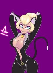 black_cat_(marvel) blue_eyes cat_ears cat_tail charlie_(brawl_stars) latex latex_suit yellow_hair