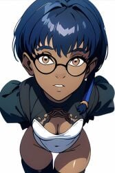 1girls 2024 ai_generated artist_request blue_eyebrows blue_hair brown_eyes cleavage cosplay crossover_cosplay dark-skinned_female dark_skin disney female glasses looking_at_viewer neural_network nier:_automata solo taranee_cook thighs tomboy w.i.t.c.h. white_background yorha_2b_(cosplay)