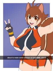 big_breasts blazblue breasts brown_eyes brown_hair makoto_nanaya miniskirt no_nut_november peace_sign revealing_clothes selfie selfie_pose simple_background smile snakebd squirrel squirrel_girl squirrel_tail thick_thighs underboob voluptuous voluptuous_female wide_hips