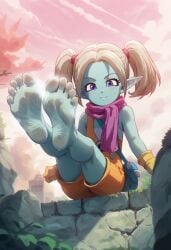 ai_generated blue_skin blush civitai demon demon_girl dragon_ball dragon_ball_daima feet_up foot_fetish foot_focus panzy_(dragon_ball_daima) purple_eyes scarf shortstack smile soles sweat sweaty sweaty_feet