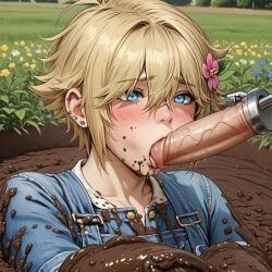 1boy ai_generated basil_(omori) blonde_hair blowjob blue_eyes blush dildo face_focus facial farm femboy goth male male_only mud omori piercing solo solo_focus sucking