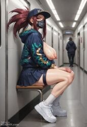 1futa 1futanari ai_generated akali akali_jhomen_tethi breasts_out cute_face darkness dickgirl feet from_side futanari hoodie jacket k/da_akali k/da_series kexonik large_penis large_testicles league_of_legends leggings long_nipples night penis_out platform_boots platform_footwear ponytail precum public public_nudity puffy_nipples riot_games sagging_breasts side_view sitting skindentation skirt soles solo tall toes