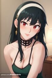 1girls ai_generated artist_name bare_shoulders black_hair blush breasts choker cleavage closed_mouth collarbone earrings gold_earrings hairband hi_res indoors jewelry lamp large_breasts lips long_hair looking_at_viewer medium_breasts patreon_username progenarts red_eyes sidelocks smile solo spy_x_family upper_body web_address white_hairband yor_briar yor_forger