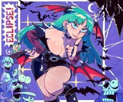 1girls arm_sleeves bat blood_from_mouth blue_hair capcom darkstalkers dress female female_only fishnets green_eyes green_hair head_wings hi_res long_hair looking_at_viewer morrigan_aensland slit_pupils smiling smiling_at_viewer speedosausage succubus succubus_wings thick_thighs wings