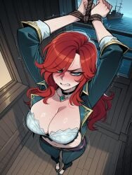 11_22 ai_generated angry arms_up black_choker blush bound bound_arms bound_wrists choker cleavage clenched_teeth half-closed_eyes high_heels huge_breasts jacket large_breasts league_of_legends long_hair looking_at_viewer midriff miss_fortune motion_lines pants red_hair riot_games ship sweat tied_up twitching wide_hips