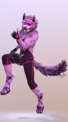 2018 3d blush bulge canine clothing erection fur furry horn kreic looking_at_viewer male male_only mammal purple_fur smile swimsuit wolf