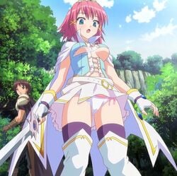 1boy1girl axfa black_socks blue_eyes boots cameltoe cloud enf hentai hentai_anime mitsurugi_asuka panties pink_hair screencap short_hair sky socks socks_and_boots stripped sword thigh_boots thigh_socks thighhighs tree tsundere upskirt weapon white_panties wizard_girl_ambitious