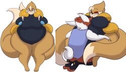 2023 2_tails anthro bailey_(dewwydarts) bailey_(dewwydartz) barefoot belly big_belly big_breasts black_clothing black_leotard breasts cheek_tuft clothing dewwydarts dewwydartz eyewear facial_tuft feet female floatzel fur furry generation_4_pokemon glasses hair hi_res leotard looking_at_viewer multi_tail nintendo orange_body orange_fur orange_hair overweight overweight_anthro overweight_female pokémon_(species) pokemon pokemon_(species) red_eyes simple_background smile standing steve_(dewwydartz) tail thick_thighs tight_clothing tuft wearing_glasses white_background wide_hips