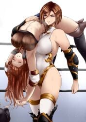 2girls angry apollonia_vaar aqua_eyes bare_shoulders black_knight_(granblue_fantasy) braid breasts brown_eyes brown_hair carrying carrying_over_shoulder catfight closed_eyes defeat detached_sleeves female_focus granblue_fantasy green_eyes hair_between_eyes injury large_breasts lecia_(granblue_fantasy) legs leotard long_hair midriff multiple_girls parted_lips short_hair sleeveless sleeveless_turtleneck standing sweat tobisawa turtleneck wrestling wrestling_ring