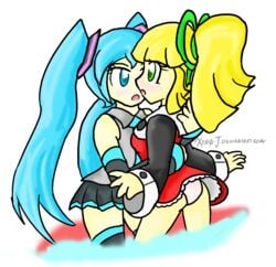 crossover female hatsune_miku mega_man mega_man(classic) multiple_girls panties roll upskirt vocaloid white_panties xero-j yuri