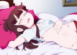 1girls akko_kagari almost_naked almost_nude atsuko_kagari brown_hair female half-dressed half_dressed half_naked half_nude jcm2 kagari_atsuko little_witch_academia messy messy_hair open_mouth open_mouth pussy_peek saliva saliva_drip saliva_trail sleeping vagina_peek vulnerable