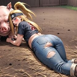 ai_generated big_ass blonde_hair blue_eyes deidara femboy jeans male_focus naruto pig ponytail thick_thighs