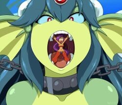 2girls about_to_be_eaten breasts chains exposed_torso fangs genie genie_girl giga_mermaid green_skin holding_mouth_open imminent_vore inside_mouth mermaid mermaid_giantess mermaid_girl neck_chain purple_hair red_eyes saliva scared_expression shantae shantae:_half-genie_hero shantae_(character) size_difference teeth tongue vore