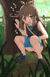 arisu_kazumi bar_censor black_footwear black_shirt blue_shorts brown_eyes brown_hair censored cleft_of_venus clothes_pull female green_(pokemon) imminent_peeing long_hair looking_around outdoors pokemon pussy shirt shorts shorts_pull sleeveless sleeveless_shirt solo squatting tree