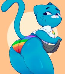 2024 ass blue_body blue_eyes blue_fur cartoon_network feline female female_focus female_only furry looking_back lurkinpanda nicole_watterson orange_background panties rainbow_panties skirt skirt_lift the_amazing_world_of_gumball thick_thighs thighs