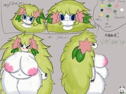 accessory anthro areola big_breasts blush breasts curvy_figure dialogue elemental_creature english_text eyelashes eyewear female female/female flora_fauna floral_hair flower freckles fur generation_4_pokemon genitals glasses glistening green_hair hair hair_accessory hi_res inverted_nipples land_forme_shaymin legendary_pokemon long_hair mammal miyang_draws! model_sheet nintendo nipples plant pokemon pokemon_(species) ring ring_(jewelry) shaymin solo text verdant_the_shaymin_(miyang_draws) voluptuous wearing_glasses white_body white_fur wide_hips