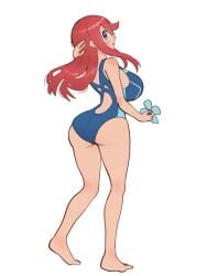 ass barefoot blue_eyes blue_one-piece_swimsuit blue_swimsuit breasts clothing competition_swimsuit feet female from_behind gonzarez hair_ornament holding large_breasts legs long_hair looking_at_viewer looking_back one-piece_swimsuit pokemon pokemon_(game) pokemon_character red_hair skyla_(pokemon) smile solo standing swimsuit tank_suit thighs toes