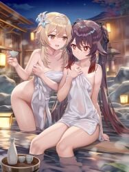 2girls ai_generated blonde_hair flower_in_hair genshin_impact hairband hot_spring hu_tao_(genshin_impact) lantern long_hair lumine_(genshin_impact) onsen poi______1 sake sake_bottle sake_cup sitting standing_in_water symbol-shaped_pupils towel