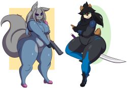 2girls big_breasts breasts canine dewwydarts dewwydartz duo fat fat_ass fat_butt female furry grey_body grey_fur gun huge_ass huge_breasts may_(dewwydartz) overweight overweight_anthro overweight_female rino_sato tagme thick_thighs wide_hips