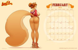 2014 ass big_breasts big_butt big_tail bottomless breasts brown_hair calendar_(medium) clothing female fluffy_tail freckles fur green_eyes hair hi_res lips long_hair looking_back orange_fur penny_flynn ponytail pussy rodent shirt shoes solo squirrel standing thighs tied_hair zaftigbunnypress