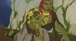 balls bara beard diocturn facial_hair flaccid ganondorf ganondorf_(tears_of_the_kingdom) gerudo green_skin male male_only muscles muscular nintendo on_hands_and_knees penis penis_piercing red_hair ripped_clothing solo solo_male tears_of_the_kingdom the_legend_of_zelda