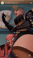 absurd_res alternate_costume blonde_hair emma_frost emma_frost_(marvel_rivals) grandmastersurgeon peter_parker selfie snapchat spider-man thigh_crush thighs