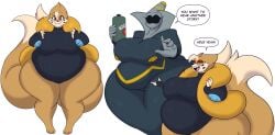 2023 2024 2_tails 5_fingers anthro bailey_(dewwydarts) bailey_(dewwydartz) barefoot belly big_belly big_breasts black_clothing black_leotard breasts cheek_tuft clothing desire_(dewwydarts) dewwydarts dewwydartz dialogue duo dusknoir english_text eyewear facial_tuft feet female fingers floating floatzel fluffy fluffy_tail fur furry generation_4_pokemon glasses grey_body hair hi_res huge_thighs leotard looking_at_viewer multi_tail nintendo obese obese_anthro obese_female open_mouth orange_body orange_fur orange_hair overweight overweight_anthro overweight_female pokémon_(species) pokemon pokemon_(species) red_eyes simple_background simple_eyes smile speech_bubble standing tail text thick_thighs tight_clothing tuft wearing_glasses white_background wide_hips