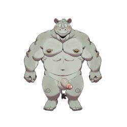 2024 abs anthro balls barazoku biceps blush deltoids embarrassed erection feet fist foreskin genitals high-angle_view looking_at_viewer male mammal manly musclegut muscular navel nipple_piercing nipples nude obliques pecs penis piercing rhinoceros simple_background slightly_chubby solo standing tarozato triceps white_background wide_eyed