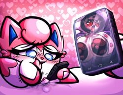 against_surface ahe_gao bed black_sclera blue_eyes blush costume creepypasta dressuptober heart jigglypuff masturbating phone phone_screen pokemon precum puffylover69 purin_(puffylover69) red_eyes shortstack sylvia_(puffylover69) waddling_head