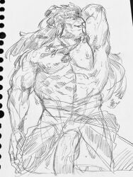 armpit armpit_hair balls bara beard big_penis facial_hair flaccid fumimimimidory ganondorf ganondorf_(tears_of_the_kingdom) gerudo male male_only monochrome muscles muscular nintendo penis shirtless solo solo_male tears_of_the_kingdom the_legend_of_zelda