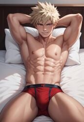 1boy abs ai_generated arms_behind_head bakugou_katsuki blonde_hair boku_no_hero_academia boxer_briefs bsky_link bulge civitai dvxxxgrai gay male male/male male_focus male_only male_underwear muscular muscular_male my_hero_academia pixai pony_diffusion_xl red_eyes red_underwear solo solo_focus solo_male tagme twitter twitter_link yaoi