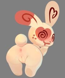 anthro anus blush blush_lines bodily_fluids drooling englam female generation_3_pokemon genitals grey_background looking_back nintendo plump_labia pokemon pokemon_(species) presenting pussy rear_view saliva simple_background solo spinda